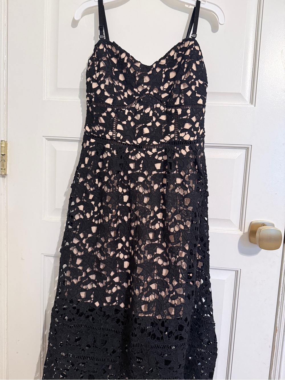 Black Crochet Midi Dress with Nude Lining and Adjustable Straps